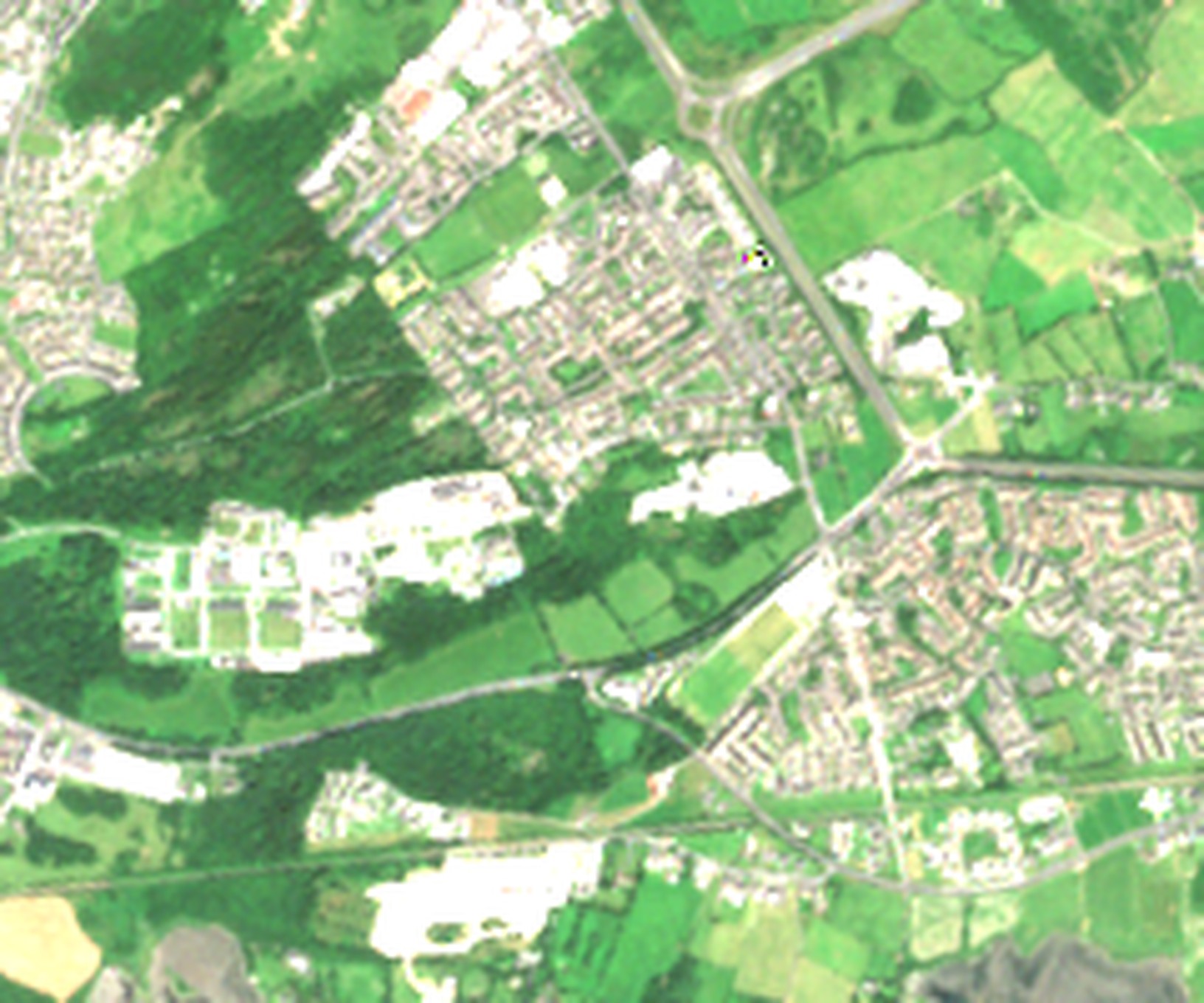 Sentinel-2 true colour, 13 July 2026: Merlin Woods outlined, north of the Galway–Dublin railway, west of Doughiska